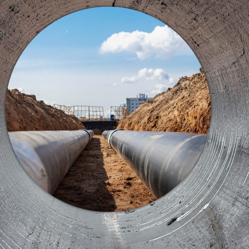 Water pipes for drinking water supply lie on the construction site. View from a large concrete pipe. Preparation for earthworks for laying an underground pipeline. Modern water supply systems