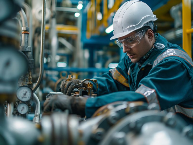 Portrait of man with helmet working on pipeline in gas industry plant. Generative AI